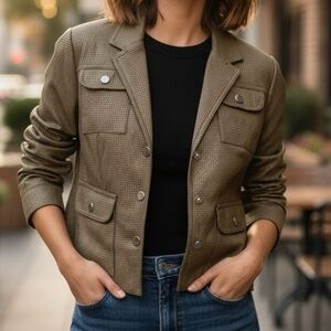 TAN JAY Safari Olive Green Perforated Faux Leather Blazer Utilitycore Jacket 8